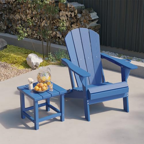 Patio Kingdom Folding Adirondack Chairs with Cup Holders, Set of 6 HDPE Plastic Outdoor Chairs, Weather Resistant, Real Wood Look, Heavy-Duty Patio Furniture for Deck, Fire Pit, Backyard, Blue
