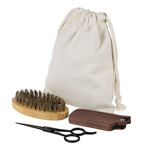Anself 3Pcs Men’s Beard Brush Comb Scissor Kit Boar Bristle Shaving
