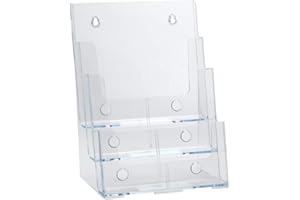 Azar Displays 252378, Brochure Holder, Acrylic Desk Organizer, Three Tier Document, Magazine & Sign Holder, Wall Mount Desk Accessories, Literature Display Stand, Divider for 4" Pamphlets, 8.5"x11"