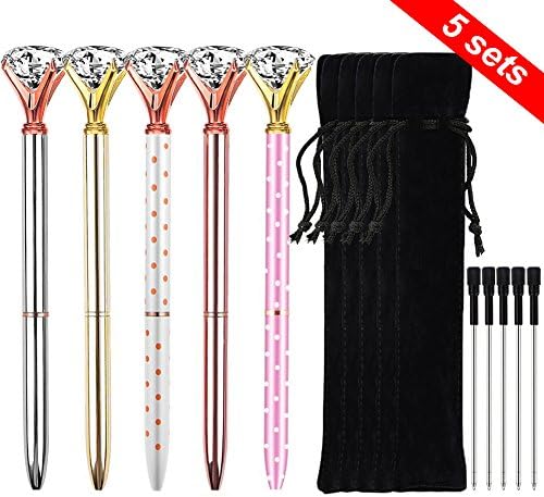 Diamond Pens - 5 Pieces Big Crystal Diamond Pen Metal Black Ink Crystal pens with 5 Storage Bags - Twist Retractable Pen - A Novel Gift - Best for Writing