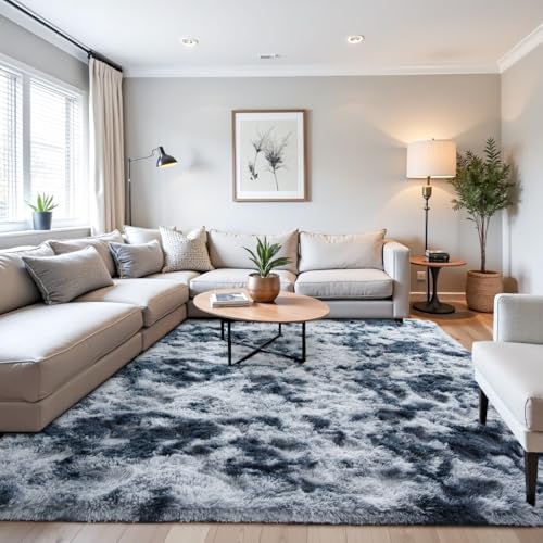Fluffy Tie-Dyed Area Rug Dark Blue