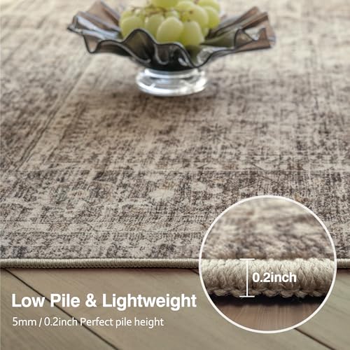 Fmfunctex 8x10 Washable Area Rug Taupe Vintage Neutral Distressed Large Non Slip Carpet for Living Room Bedroom Soft Low Pile Indoor Retro Tapis Salon Throw Rug for Dining Room Kitchen Office Nursery