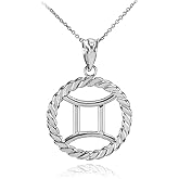 High Polish 10k White Gold Roped Circle Zodiac Sign Personalized Gemini Pendant Necklace