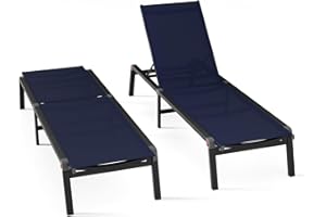 WOAJNQO Aluminum Chaise Foldable Patio Lounge Chair Outdoor, Deck Lounger Adjustable 5-Position Recliner Pool Chase Breathable Full Flat Outside Sun Tanning Chairs for Beach/Poolside/Lawn(Navy Blue, 2 Pack)