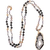 NUZUJX Boho Long Natural Stone Beads Pendant Necklace Crystal Hand Knotted Jewelry for Women