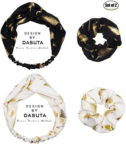 Set of 2 Women's Headband Leaves Style Headwear Elastic Turban Criss Cross Head Wrap Stretchy Knotted Yoga Hair Band and Hair Ties Elastics Scrunchies By DASUTA (Style 1(Black and White))