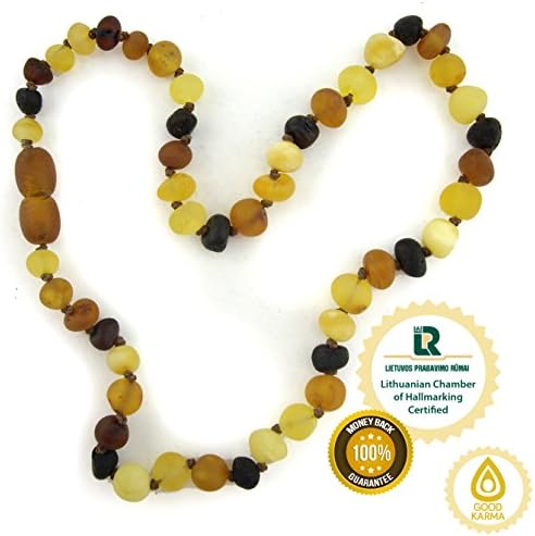 Raw Baltic Amber Teething Necklace for Baby - Genuine Amber with Certificate - Natural Pain Relief for Boys and Girls - Hand Knotted Beads with Screw Clasp (Raw Multicolored)