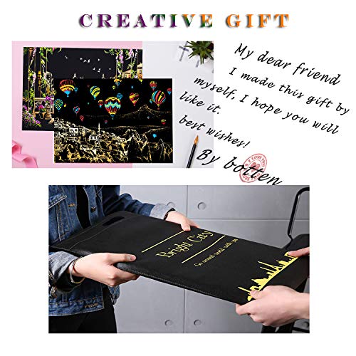 BOTEEN Rainbow Scratch Paper Painting Sketch Pad DIY Art Scenery View Scratchboard for Adults and Kids with 4 Tools&Finished Product,Size:16''x11''(5 Pack)