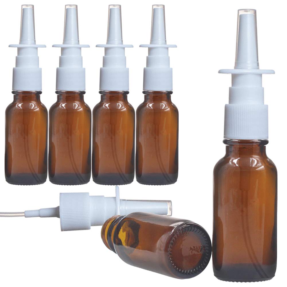 6 Pcs (20ml/0.67oz) Amber Round Empty Glass Nasal Spray Bottle with Press Spray Head Refillable Portable Fine Mist Sprayers Containers Pot Travel Sub Bottling for Colloidal Silver Saline