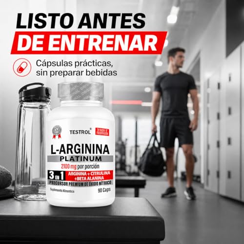 Arginina Platinum 2100mg por porción | L Arginina + L Citrulina + Beta Alanina | Pre Workout | Pre Entreno sin Cafeina | Precursor de Oxido Nítrico | Testrol TSN (90 Cápsulas).
