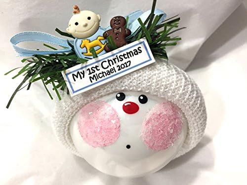 Baby Boy First Christmas Gift Glass Ornament Bib Gingerbread Cookie Hand Painted Handmade Personalized W112 1305 1320