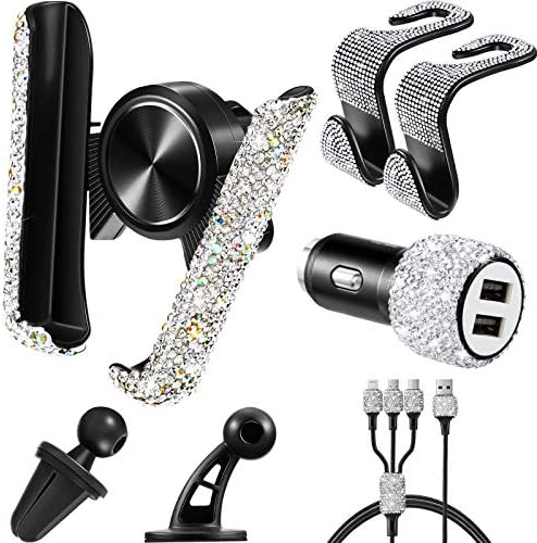 5 Pieces Bling Car Accessories Set Include Bling Rhinestone Crystal Mini Car Dash Adjustable Vent Mobile Phone Bracket Bling Dual USB Car Charger USB Charging Cable Bling Car Seat Hooks for Auto Car