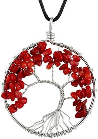 AUWU Women Natural Crystal Stone Lucky Life Tree Pendant Necklace Ladies Multicolor Wisdom Tree Leather Chain