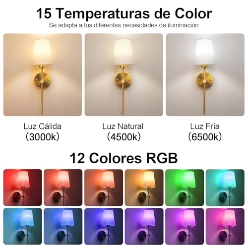 Apliques de Pared Inalámbricos Recargables, Juego de 2 Lámparas de Pared con Control Remoto, Luz LED Regulable 3000K-6500K RGB, Sin Cable, para Recámara, Sala, Pasillo, Cocina