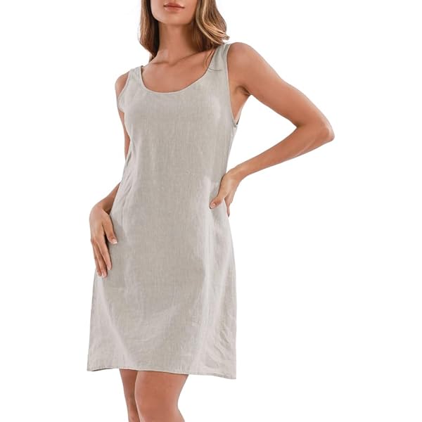 Amazhiyu 100% Linen V Neck Spaghetti Strap Sleeveless Summer Dresses With Slit White, Small Price In UAE | Amazon UAE