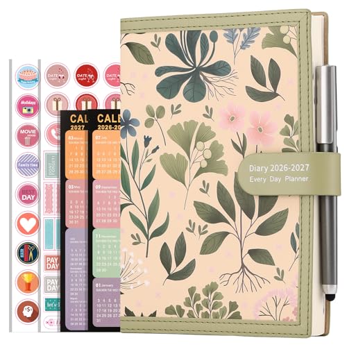Mljtoyo Academic Planner 2026-2027, A5 Page Per Day, Daily Planner July 2025 - June 2026, A5 Daily Planner with Pen, Stickers, Back Pocket, 3 Bookmarks (Matcha Green, A5)
