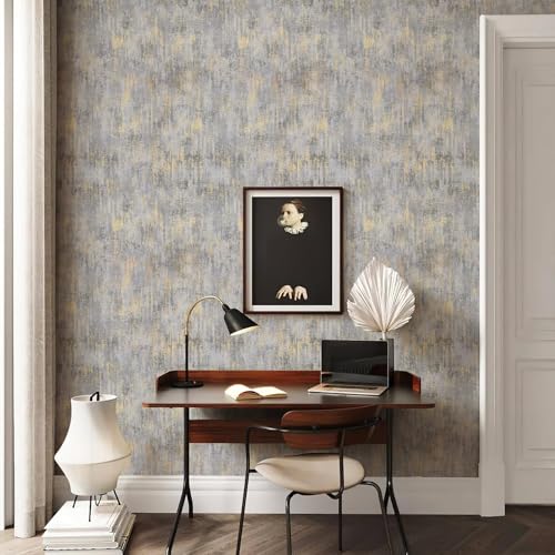 Textured Wallpaper, Distressed Concrete Adhesive Wallpaper, 44cm x 300cm, White Gold Gray Metallic Non-Woven Wall Paper, Modern Neutral Design for Bedroom and Home Decor
