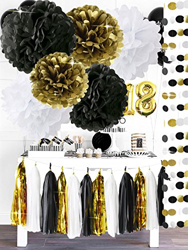 Black Gold White Party DecorationsTissue Paper Pom Pom Paper Tassel Garland for Great Gatsby Decorations /30th/50th/60th/80th Birthday Decorations/Bridal Shower Decorations/Black Gold Party Supplies