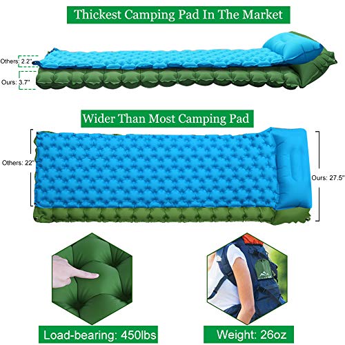 Sleeping Pad for Camping Backpacking, Thickened 3.7" & Widened 27.5" Ultralight Compact Camping Pad with Pillow Lightweight Air Mattress Inflatable Sleeping Mat for Hiking, Travelling, Biking