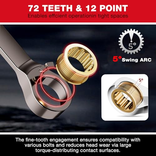 Shall 9-Piece Flex Head Ratcheting Wrench Set, 72 Metric Teeth 8-19mm, Cr-V Built, Nickel Plated with Organization Bag