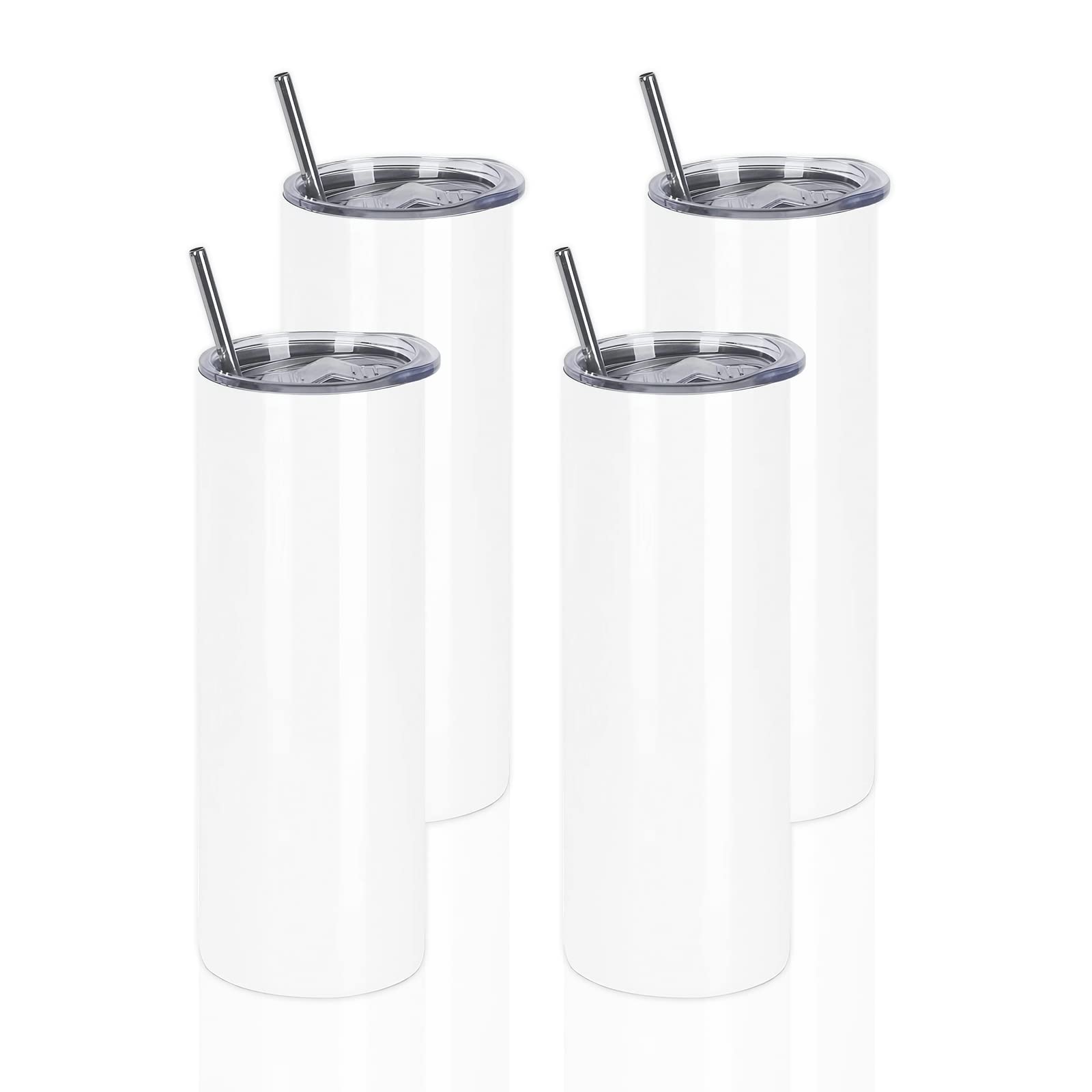 DISPEZE 4 Pack 20 OZ Sublimation Blank Skinny Straight Tumbler Stainless Steel DIY Gifts, Double Walled Vacuum Insulated Mug with Closed Lid and Metal Straw, White