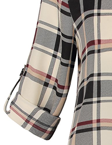Gaharu Blouses For Women, Ladies Vintage Blouse Cuff Sleeve Pleated Front Curved Hem Buffalo Plaid Tunic Blouses For Work Black Beige,X-Large
