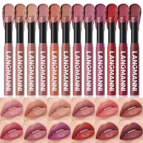 LBOYLOVE® 12 Pcs Velvet Matte Nude Lipstick Set for Women, Retractable High Pigmented Long-Lasting Waterproof Lipstick, Soft Dark Color Lip Makeup Gift Kit