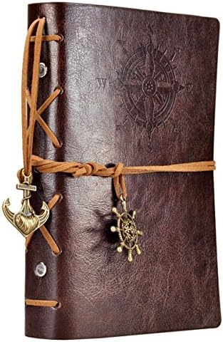 Leather Writing Magic Notebook, 7 Inches Vintage Nautical Spiral Blank String Diary Notepad Sketchbook Travel to Write in, Unlined Paper, Retro Pendants, Classic Embossed（Coffee）