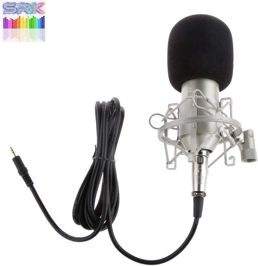 SRK BM 800 Silica Gel Professional Condenser Dynamic Microphone Mic Sound Studio Recording, You tube, Karaoke & Broadcasting, with Metal Shock Mount, XLR Cable and Anti-wind Foam, SILVER (Works with Phantom Power Supply Or Sound Card Only)