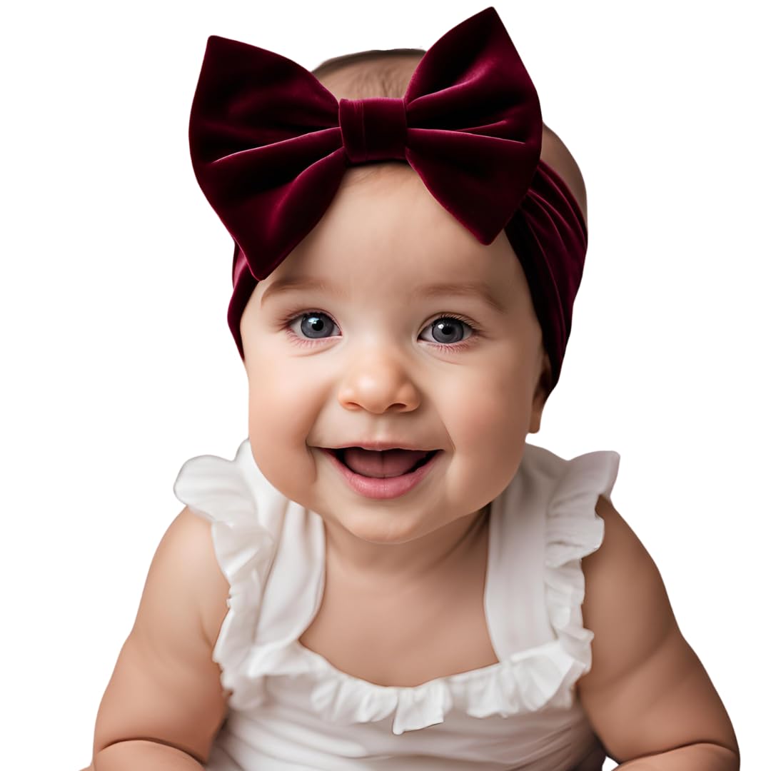 Newborn Baby Girl Velvet Headband with Bow Headband with Ribbon for 3-18 Months (Burgundy, 3-18 Months)