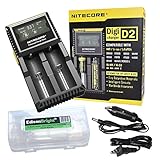 Nitecore D2 DigiCharger, car charger cord with EdisonBright battery carry case bundle For Li-ion, IMR, LiFePO4 26650 22650 18650 17670 18490 17500 18350 16340 RCR123 14500 10440 Ni-MH And Ni-Cd AA AAA AAAA C Rechargeable Batteries
