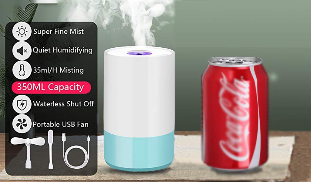 USB Mini Humidifier 350ml Small Car Diffuser for Office, Bedroom, Whole Room, Travel, Small Bedside Kids Baby Humidifiers for Nursery
