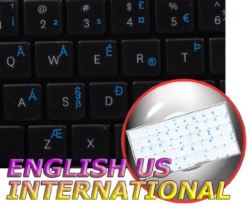 ENGLISH US INTERNATIONAL KEYBOARD LABELS ON TRANSPARENT BACKGROUND WITH BLUE LETTERING (14X14)