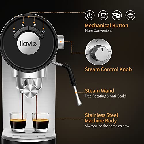 ILAVIE Espresso Coffee Machine with Steamer, 20 Bar Espresso Maker with Milk Frother Steam Wand, Espresso and Cappuccino Maker, Easy to Use at Home, Stainless steel, 1250W