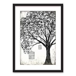 Framed Wall Art - Bird Cages Hanging on a Tree in Black White - Black Picture Frames White Matting - 23x31 inches