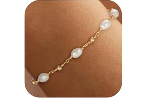 SLOONG Gold Pearl Bracelets for Women Trendy, 14K Real Gold Plated Dainty Stackable Snake Chain CZ Heart Pendant Bracelets, Layered Waterproof Jewelry Gift for Women Adjustable 6"+2"