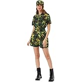 EraSpooky Camouflage Military Romper Costume for Women - Army Themed Outfit with Hat and Belt