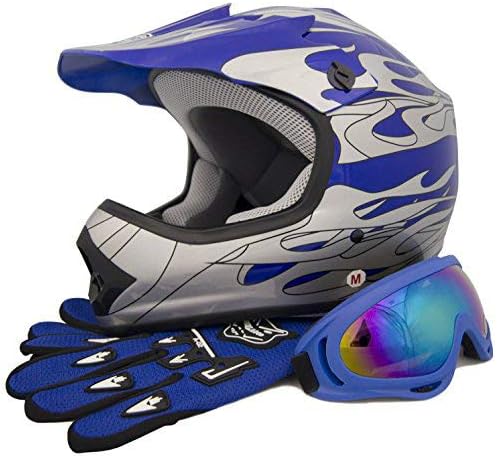 HHH DOT Youth & Kids Helmet for Dirtbike ATV Motocross MX Offroad Motorcyle Street Bike Black/Blue, Blue Flame + with Free Gloves and Googles