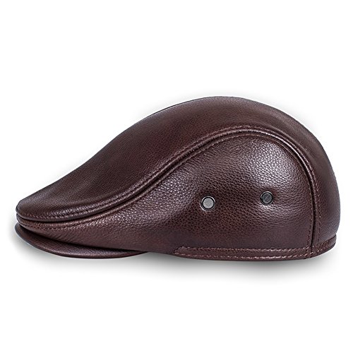 VEMOLLA Men's Real Cowhide Leather Beret Hunting Cap Beanie Trucker Cap Mens Sports Hat Red Brown M