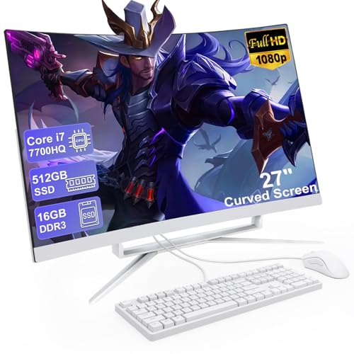SUKOTOP 27 Inch All-in-One Computer Curved FHD Screen All-in-One Computer Core i7 16GB DDR 512GB ROM SSD Bluetooth5.3 WiFi Dual Band with Wired Mouse and Keyboard