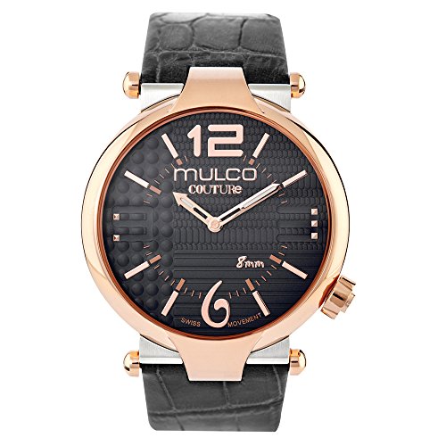 Mulco Couture Slim Quartz Slim Analog Swiss Movement Unisex Watch | Special Texture Design Sundial Display Accents | Leather Watch Band | Water Resistant Stainless Steel Watch (Black/Rosegold)
