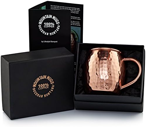 Lifestyle Banquet Hammered Moscow Mule Gift Mug - Pure Copper in Premium Satin Lined Box for 7 Year Anniversary Gifts. Holds 16 Ounces with recipes included.