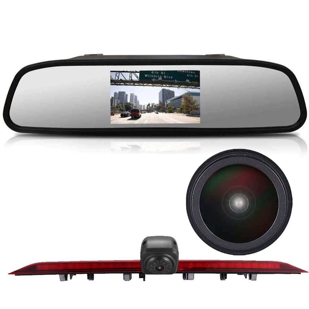 18mm lens Car Third Roof top mount brake lamp camera Brake Light Rear View Backup Camera, replacement for Crafter MAN TGE 2017 modified transport vehicle Bus 2006 2014(With 4.3 inch rearview mirror)