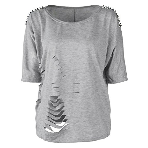 LaiGouMai Sexy Womens Rivet Shoulder Torn Slashed Ripped Loose Tops