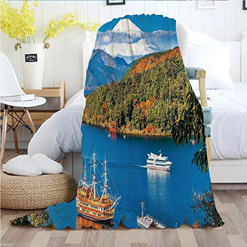 Pirate Ship,Throw Blankets,Flannel Plush Velvety Super Soft Cozy Warm with/Lake Ashi Mount Fuji Japan Town Hakone Travel Touristic Destination Decorative/Printed Pattern(60"x 80"),Green Blue Orange