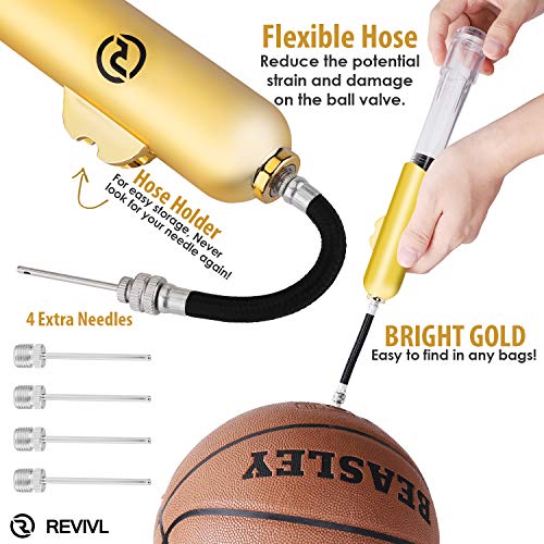 REVIVL Ball Pump with 5 Needles and 1 Nozzle - Air Pump for Inflatables, Basketball, Soccer, Volleyball, Football, Sport Ball - Dual Action for Faster Inflation - Just 6 Inches Small with Hose Holder