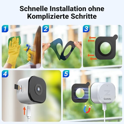 Codnida 2K Magnetic Window Camera, No Drilling, 2.4 & 5 GHz WiFi Surveillance Camera Indoor with Starlight Colour Night Vision Device, Person Detection & 24/7 Recording for Home Security
