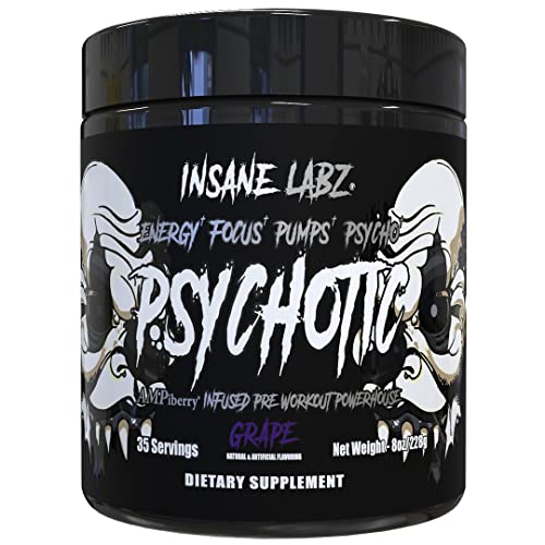 Insane Labz Psychotic Black Edition Mid Stimulant Pre Workout Powder, Energy Focus Pumps, Loaded with Creatine Beta Alanine Taurine Fueled by AMPiberry
