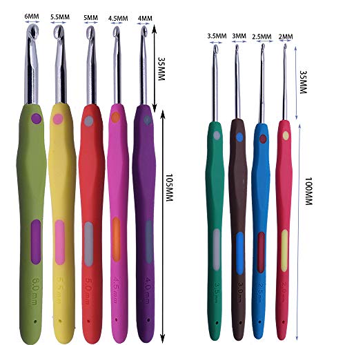Meikeer Crochet Hooks Set Smooth Aluminum Blunt Needles + Soft Handles Ergonomic Handle Crochet Hooks Needles for Arthritic Hands Best Gift (9 PCS)