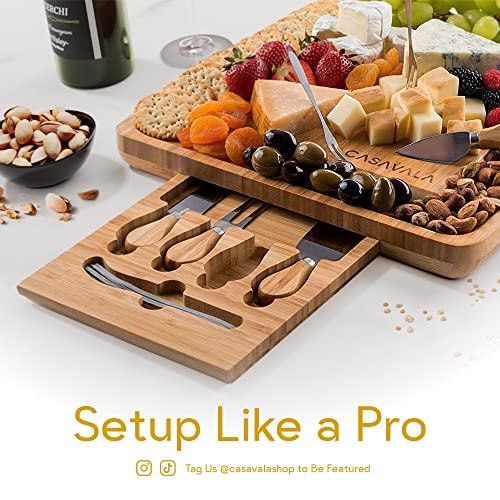 Bamboo Cheese Board Set Includes 4 Cheese Knives & 10 Cheese Forks